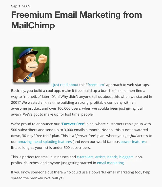 Anuncio Publicación en el blog del plan 'Forever Free' de Mailchimp