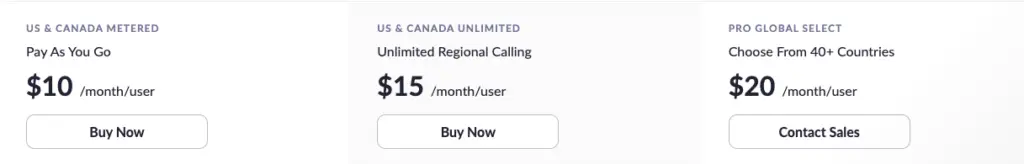 Planes de precios de Zoom Phone: medido en EE. UU. y Canadá, ilimitado en EE. UU. y Canadá, Pro Global Select