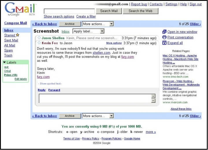 Cómo era el diseño de Gmail en 2004